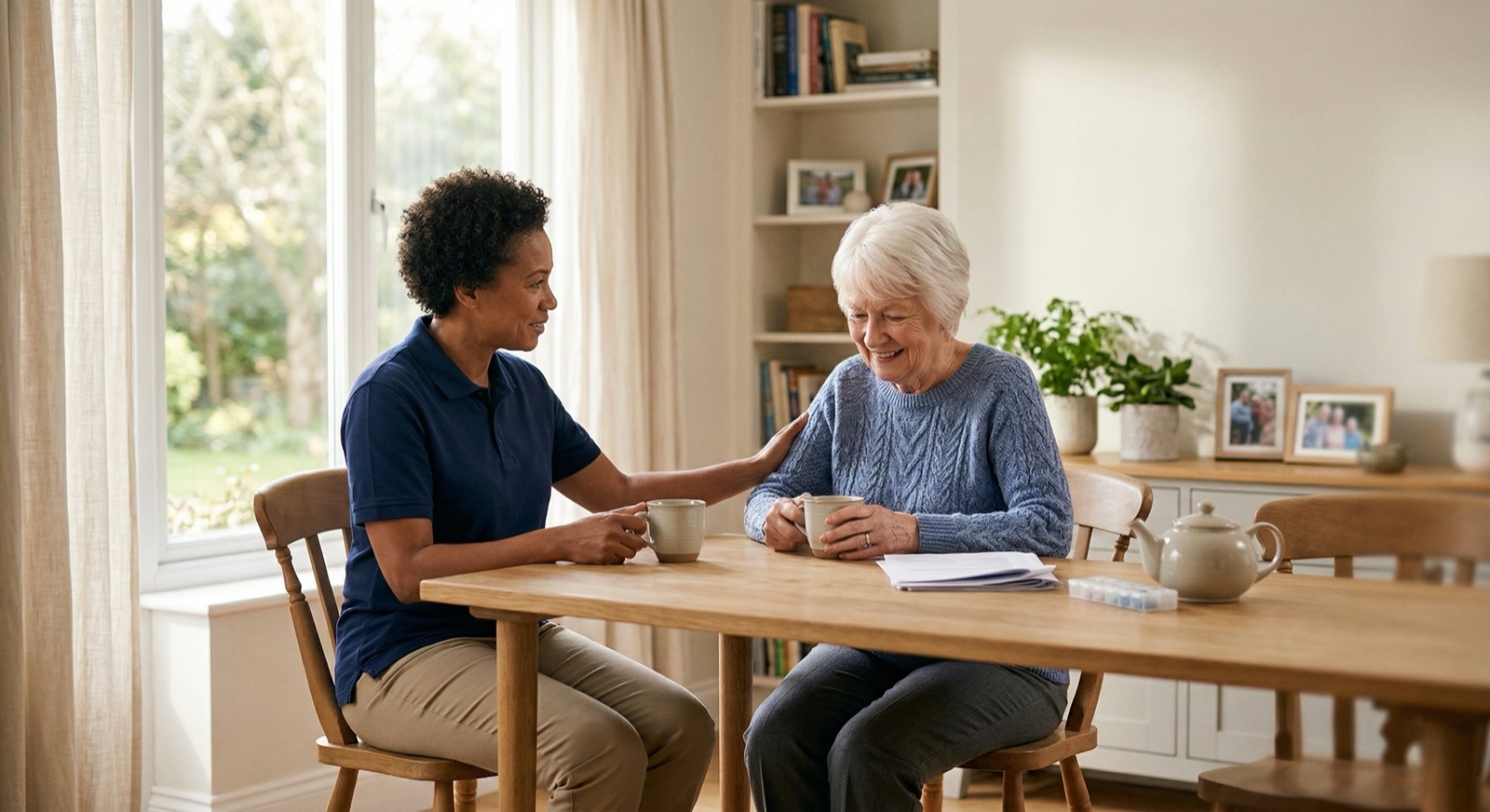Caregiver sitting with an older woman at a kitchen table