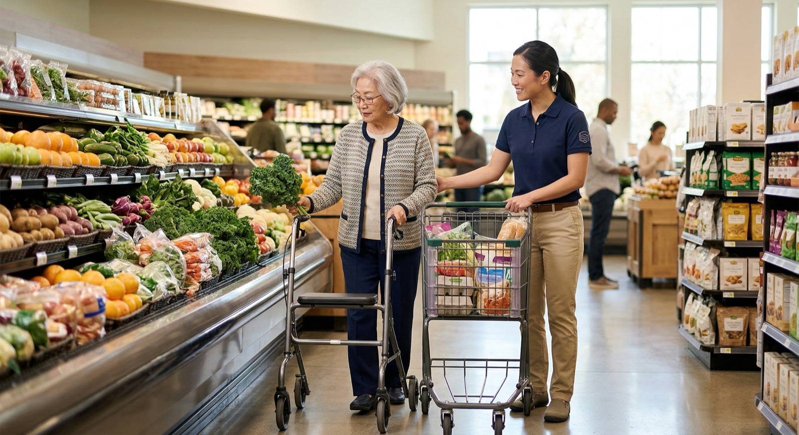 Caregiver helping an older woman shop for groceries