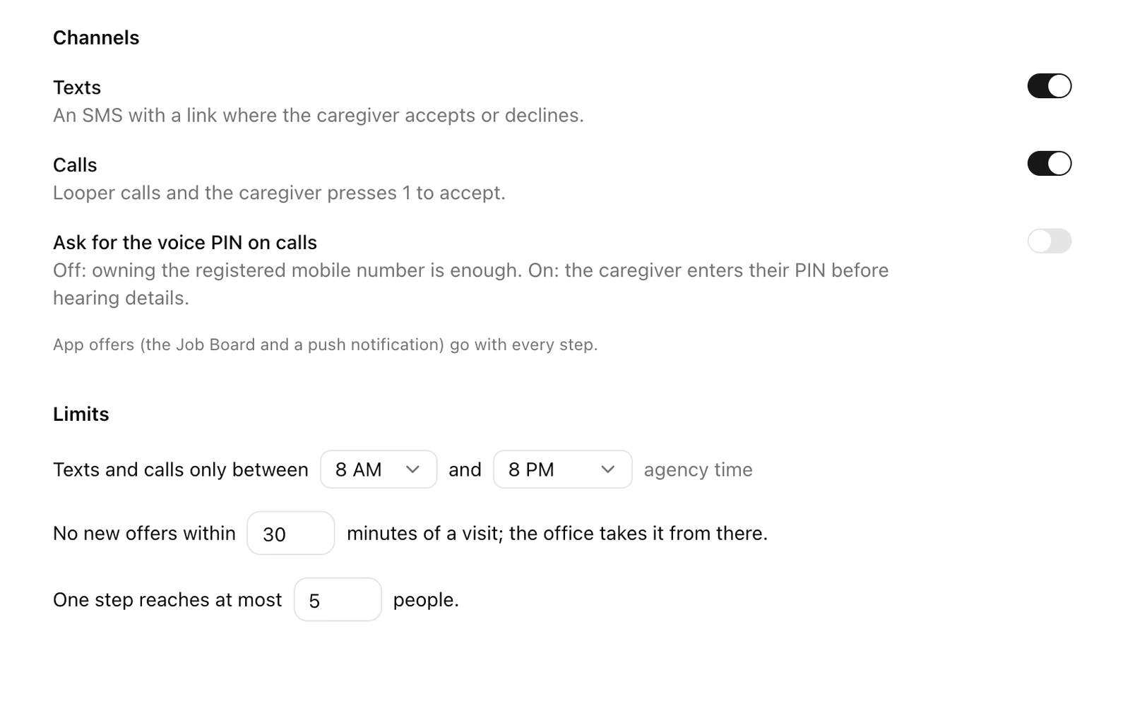Caregiver outreach settings: texts and calls, the voice PIN, contact hours, and how many people one step reaches