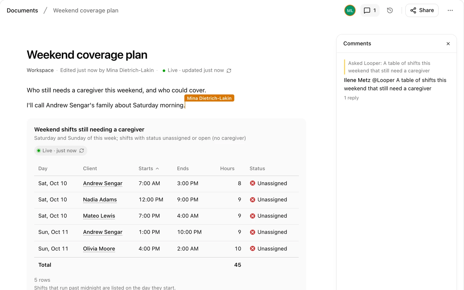 A shared document with a colleague typing, a table that updates itself, and a comment thread with Looper