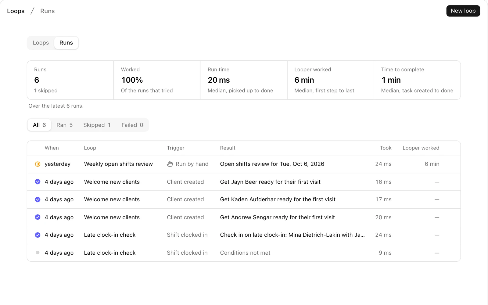 The Runs page: how loops are doing, and each run with its trigger and result