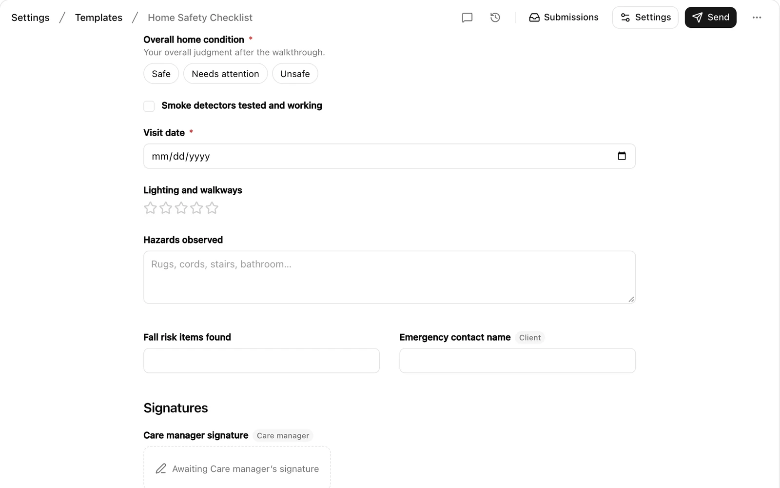 A home safety checklist template with questions, who answers them, and signature lines