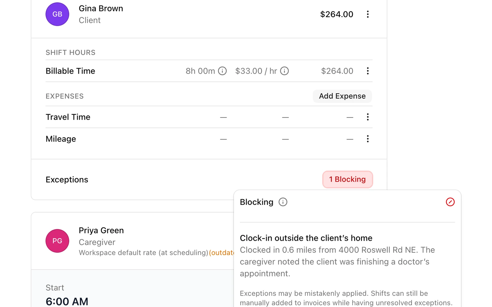 A visit held from billing: the caregiver clocked in away from the client’s home