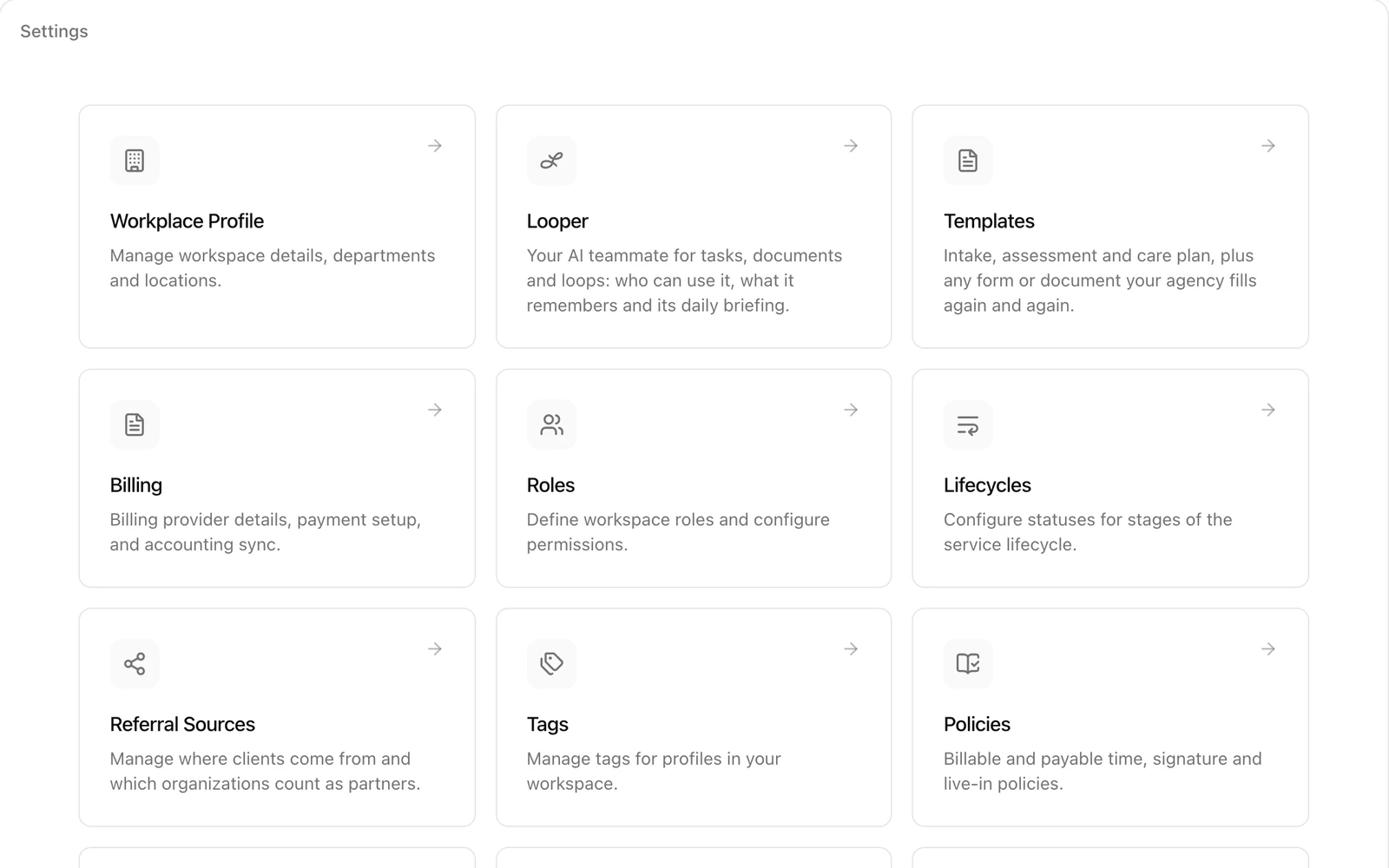 Workspace settings: profile, Looper, templates, billing, roles and policies